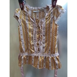 Mary Kate and Ashley Blouse Gold Floral Stripe Lace Trim Cap Sleeve Top Kids 7/8